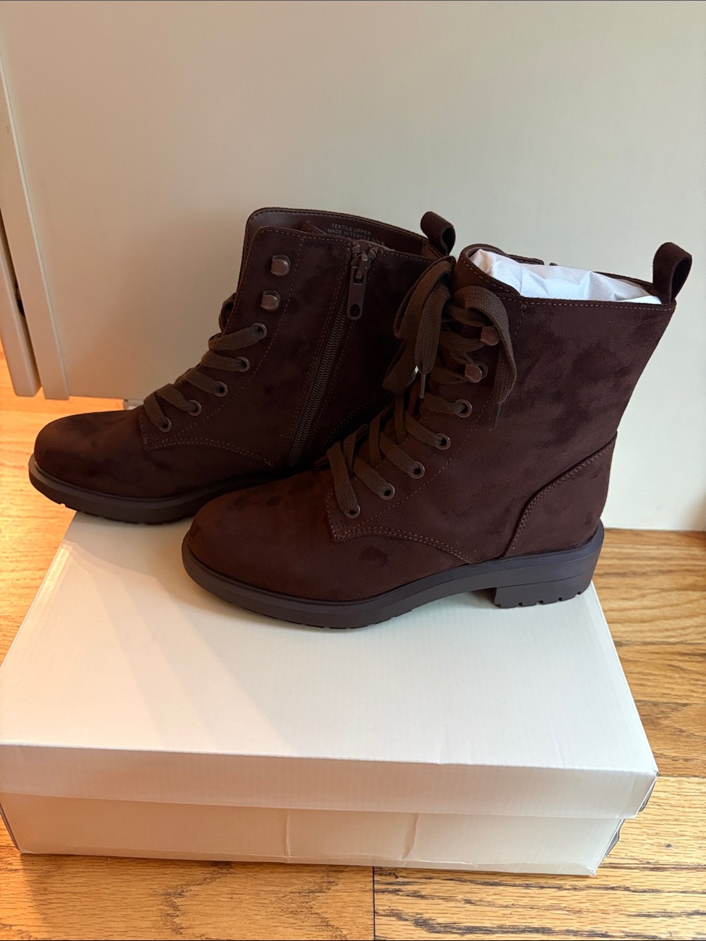 Women's Dark Brown Lace-Up Combat Boots with Side Zip